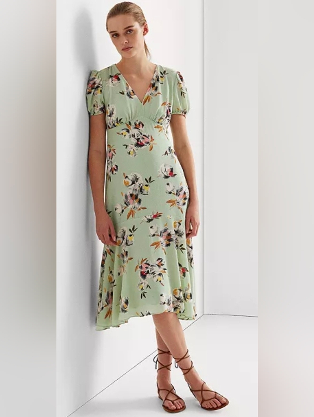 Ralph Lauren Sage Green Floral Maxi Dress with Puff Sleeves